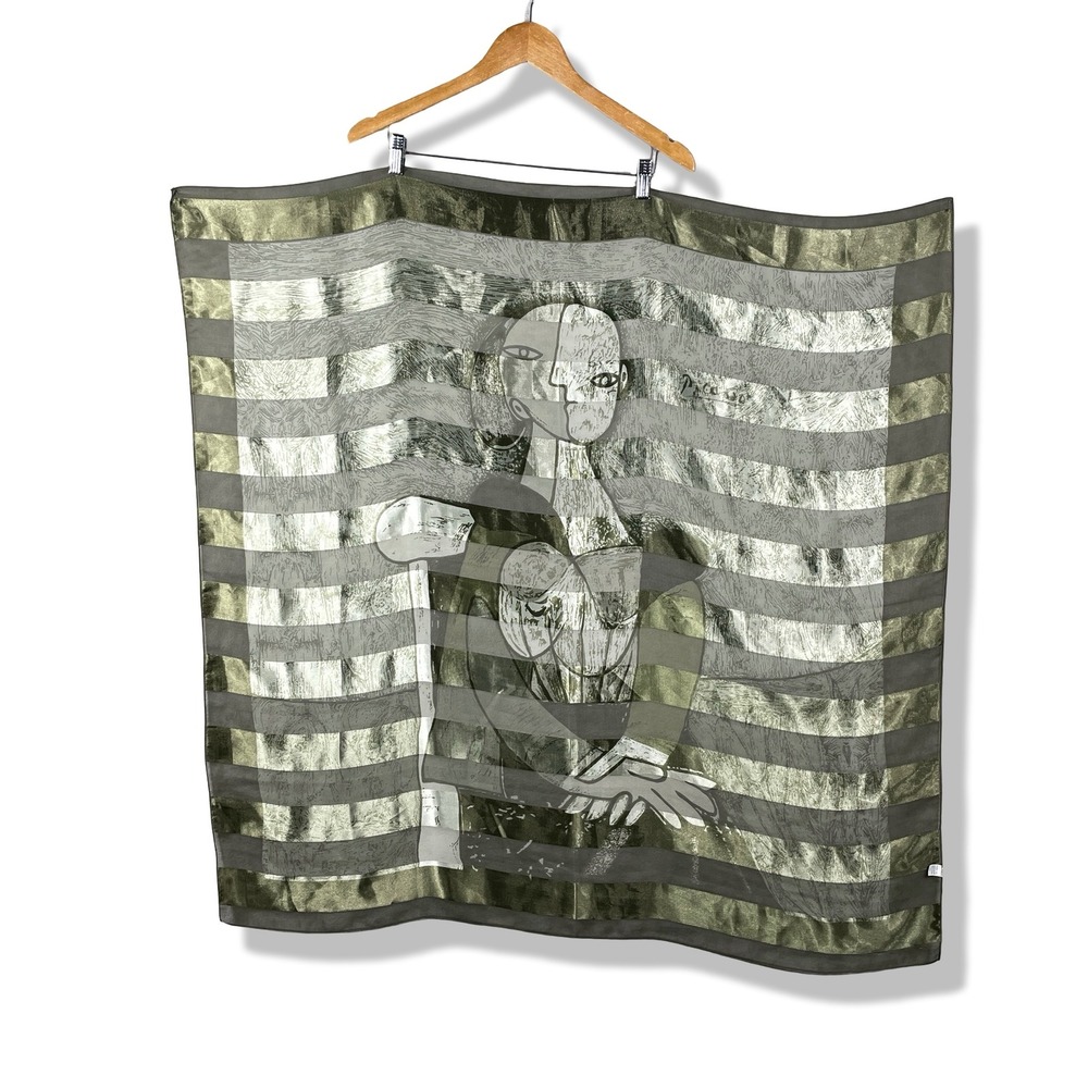 Picasso Art Print Scarf Womens OS Green Abstract Portrait Sheer Avant-Garde Chic